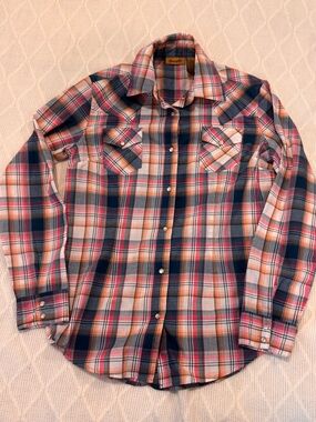 Vintage 90s Wrangler Pink & Orange Plaid Pearl Snap Western Shirt Sz small